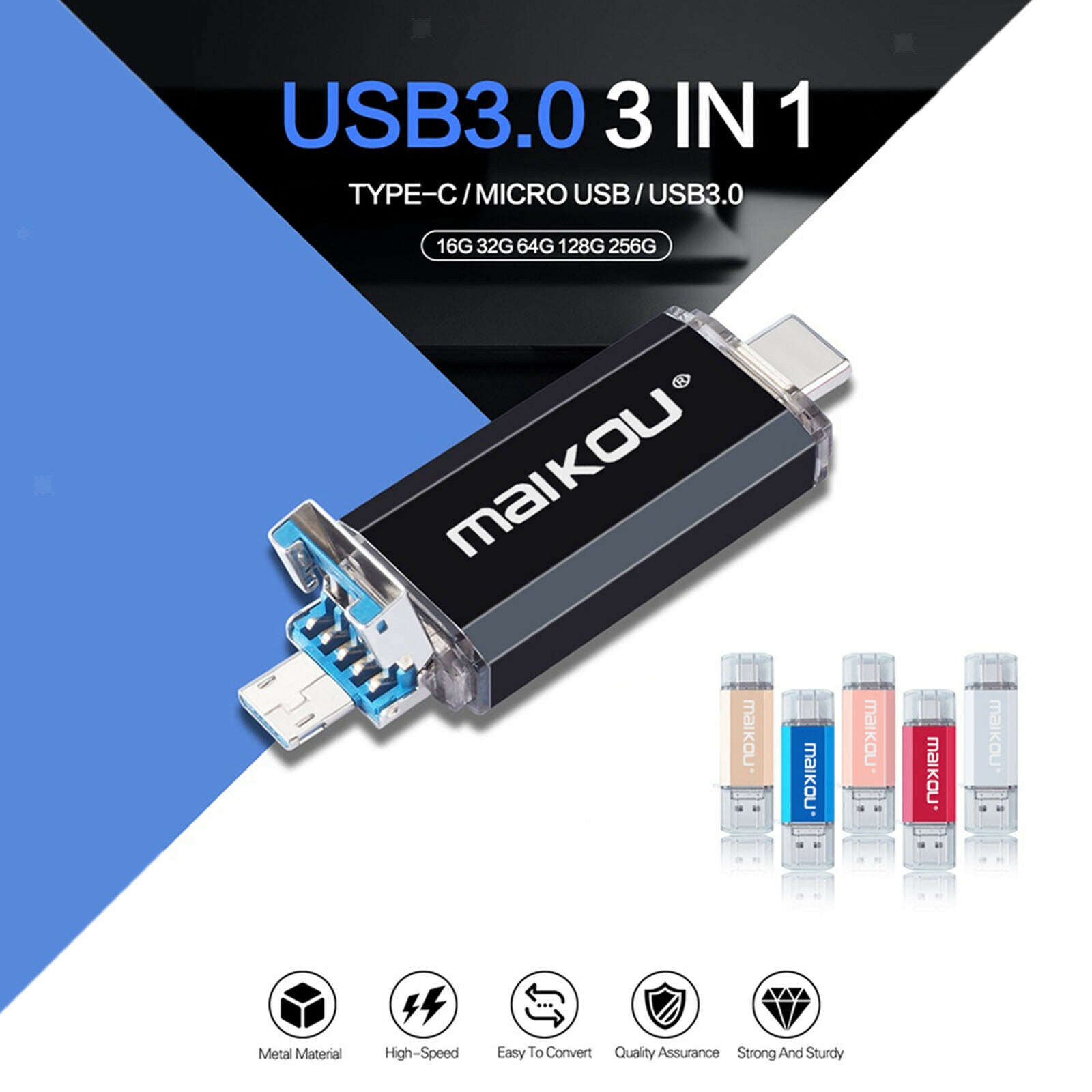 128G USB Flash Drive Type-C Micro USB Memory Stick for Phone PC Premium