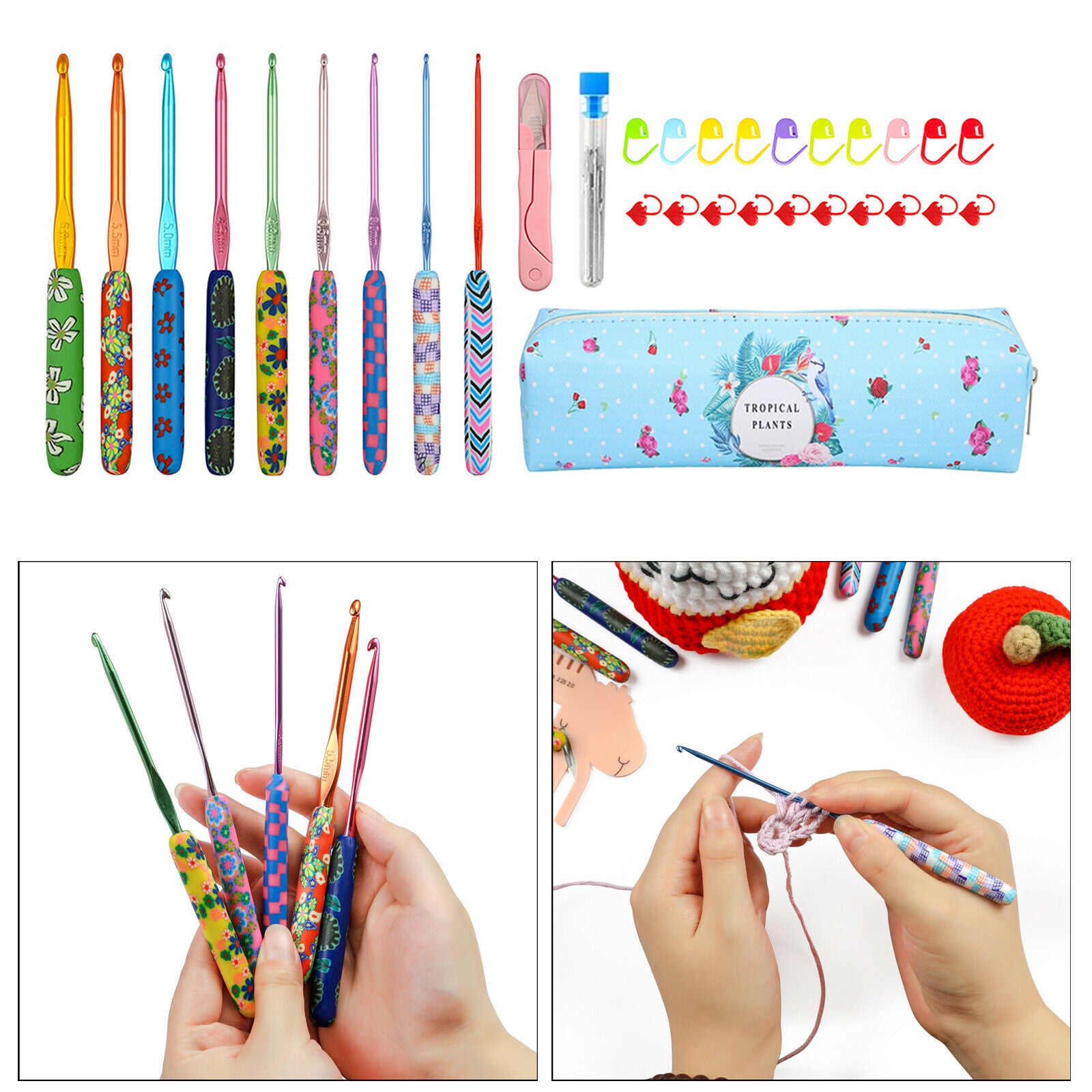 Crochet Hooks Set, 9 Pieces 2mm-6mm Soft Pottery Handles Yarn Knitting Needles