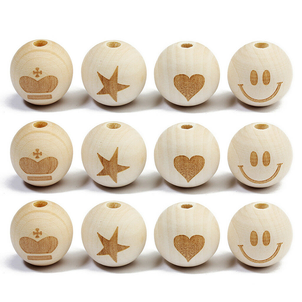 20pcs Star Printed Unfinished Wood Round Wooden Beads for DIY Crafts 20mm
