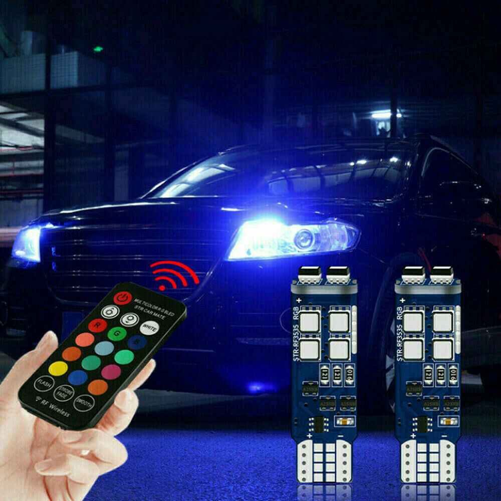 LED Color Changing RGB 168 194 T10 Bulbs w/RF Remote Control Car Parking Light~