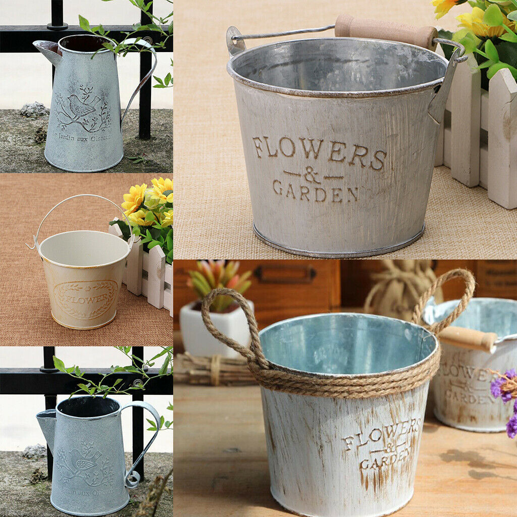 Round Galvanized Metal Buckets Plants Flower Decorative Vases with Handle #1