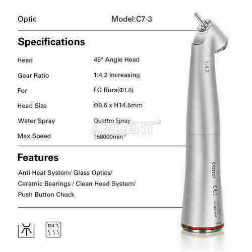 Dental 45°Push Button Electric Contra Angle Fiber Optic 1:4.2 increase Handpiece
