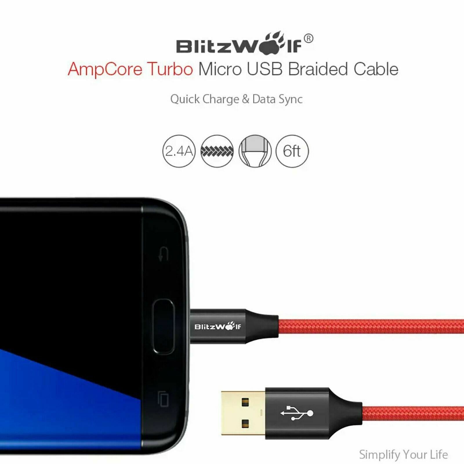 BlitzWolf 1.8m AmpCore Turbo Micro USB Fast Charging Charger Data Cable Cord