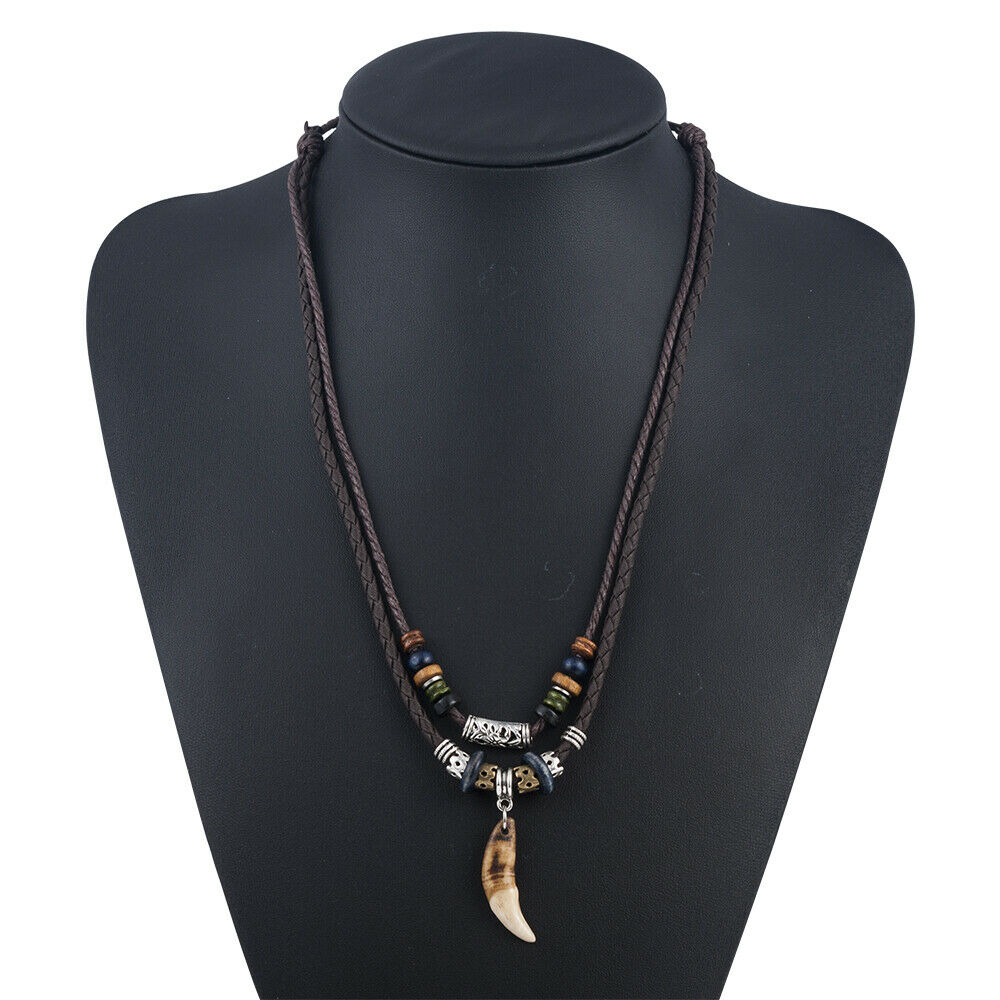 Men's Boho Amulet Wolf Tooth Pendant Beaded Weaved Rope Necklace Jewelry Gift