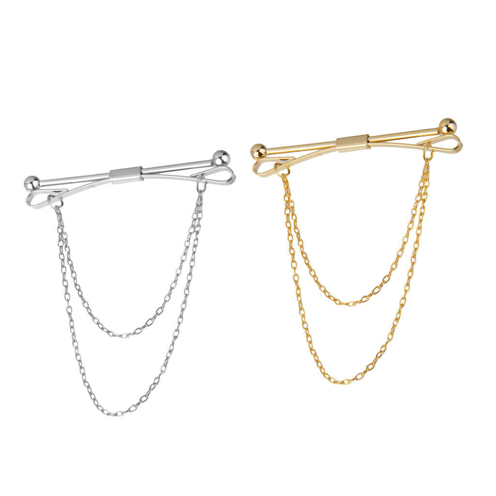 2pcs Collar Pin Bar Shirt Tie Stick Pin Brooch with Chain For Men Women