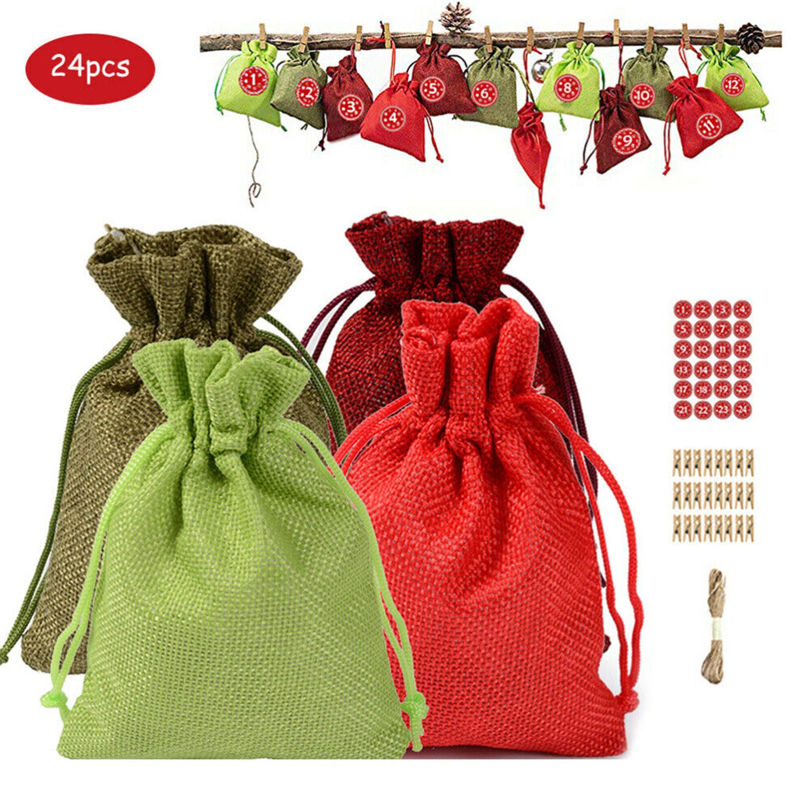 24pcs Christmas Advent Calendar Garland Xmas Hanging Gift Bags Decoration