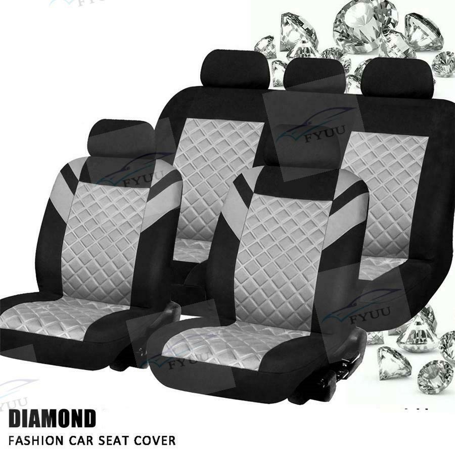 4 Front+Rear Seats Grey Diamond Pattern Car Seat Covers Universal w/ 5 headrests
