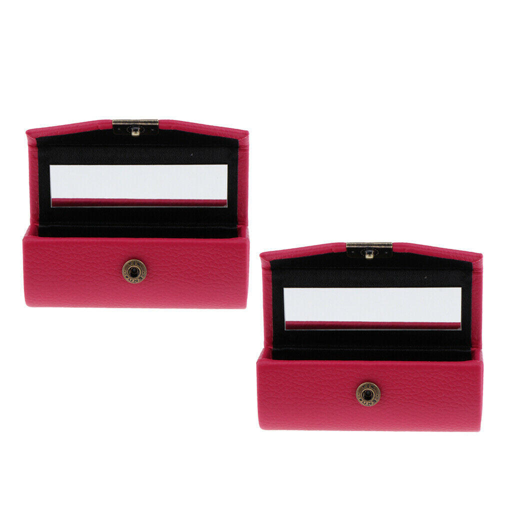 2 Pcs Leather Lipstick Case Holder Storage Box mirror Purse Pocket Rose Red