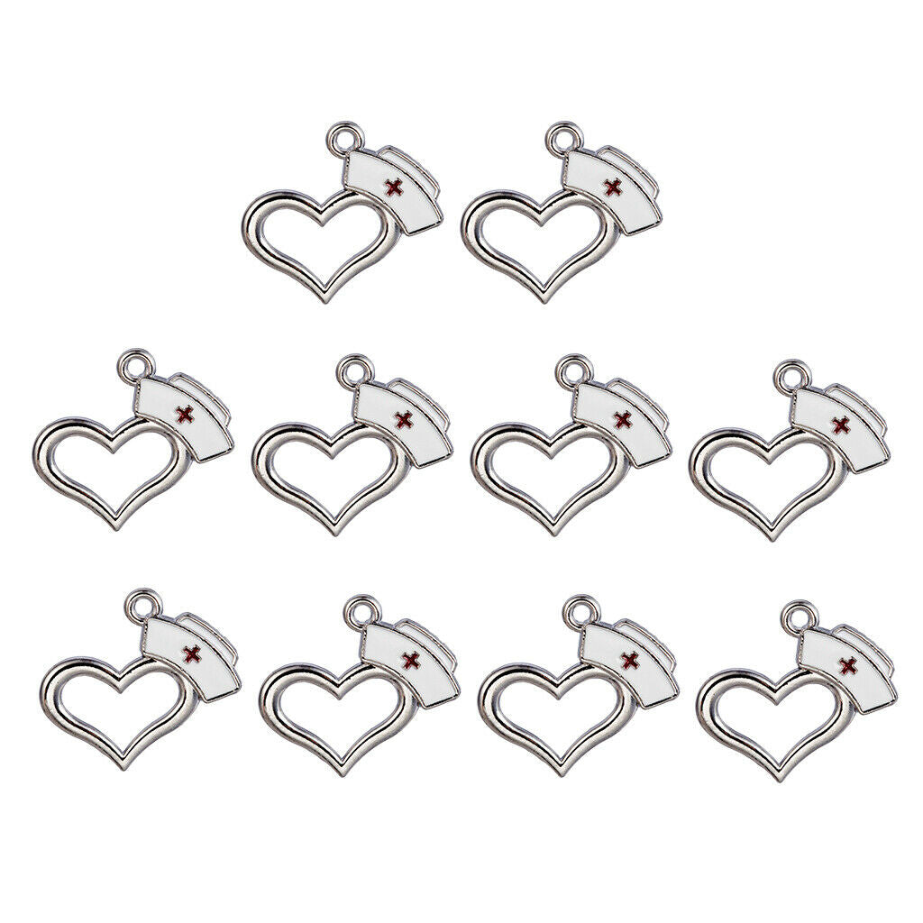 10Pcs Enamel Nurse   Charms Pendants Heart for DIY Necklace Jewelry Making