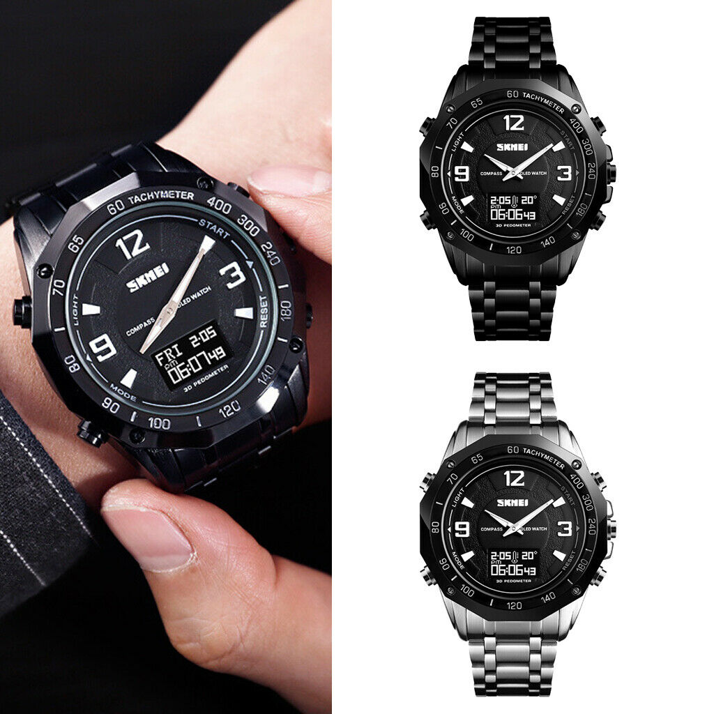 Men Steel Analog Digital Watch Led Sport Military Wristwatch Black