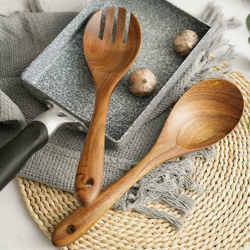 2Pcs Wooden Salad Servers Spoon Fork Set Long Handle Cooking Untensil Cutlery