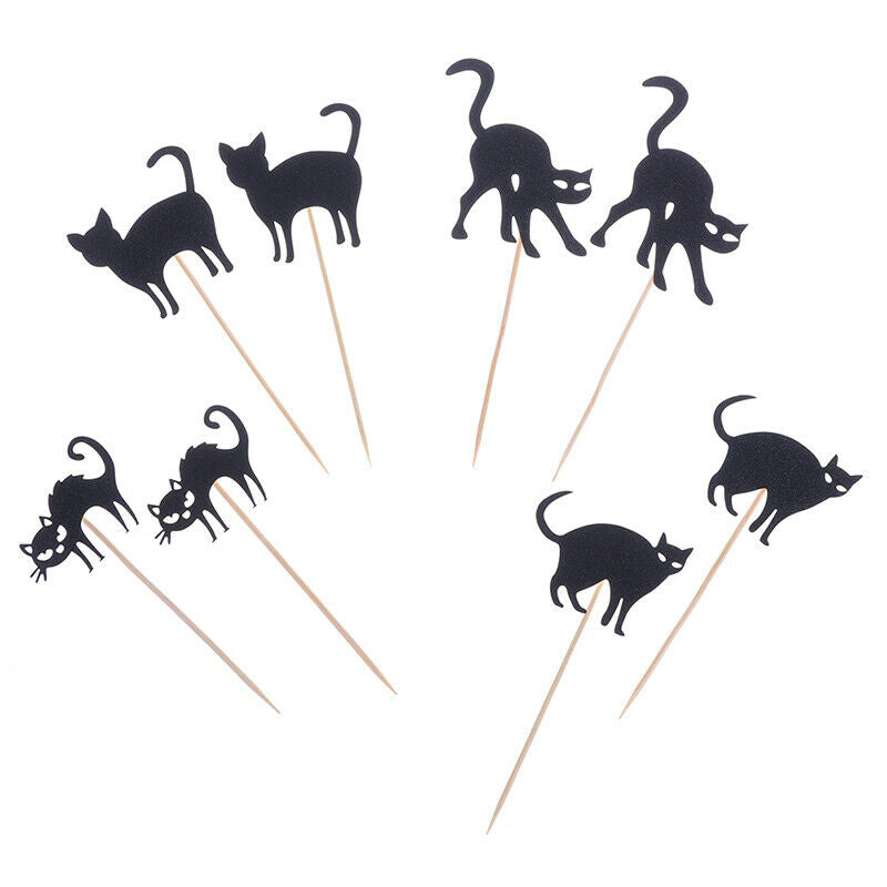 8pcs Halloween Horror Cupcake Cake Toppers Black Cat Dessert Party Decora.l8