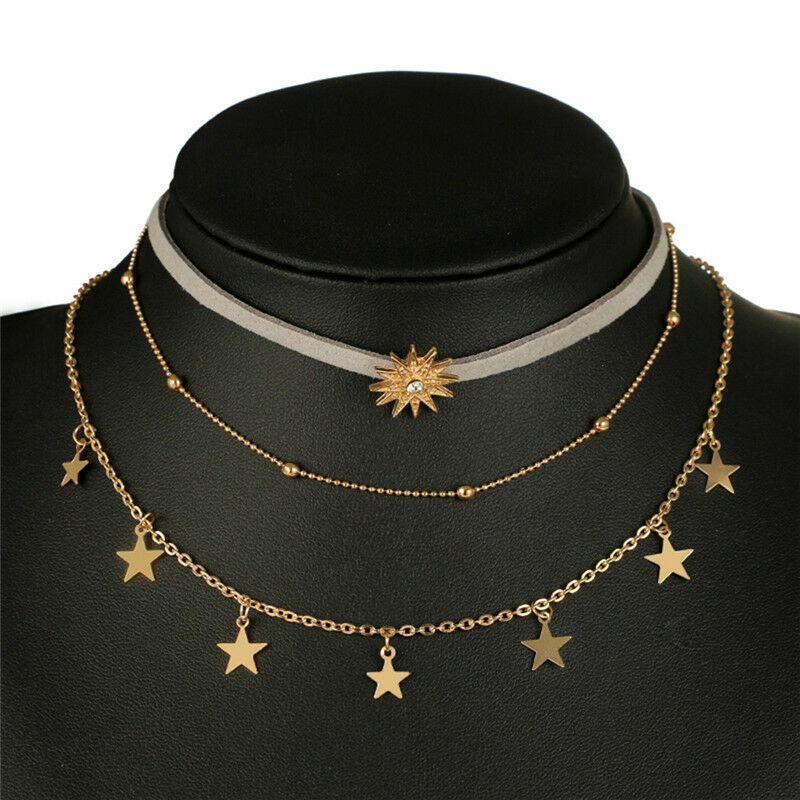 Lady Sun Star Pendant Choker Chunky Chain Multi Layer Boho Necklace Jewel.l8