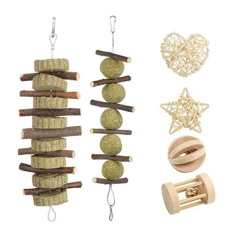 Wood Chew Toys Set Timothy Grass Hay Treat for Degu Bunny Cage Accessories