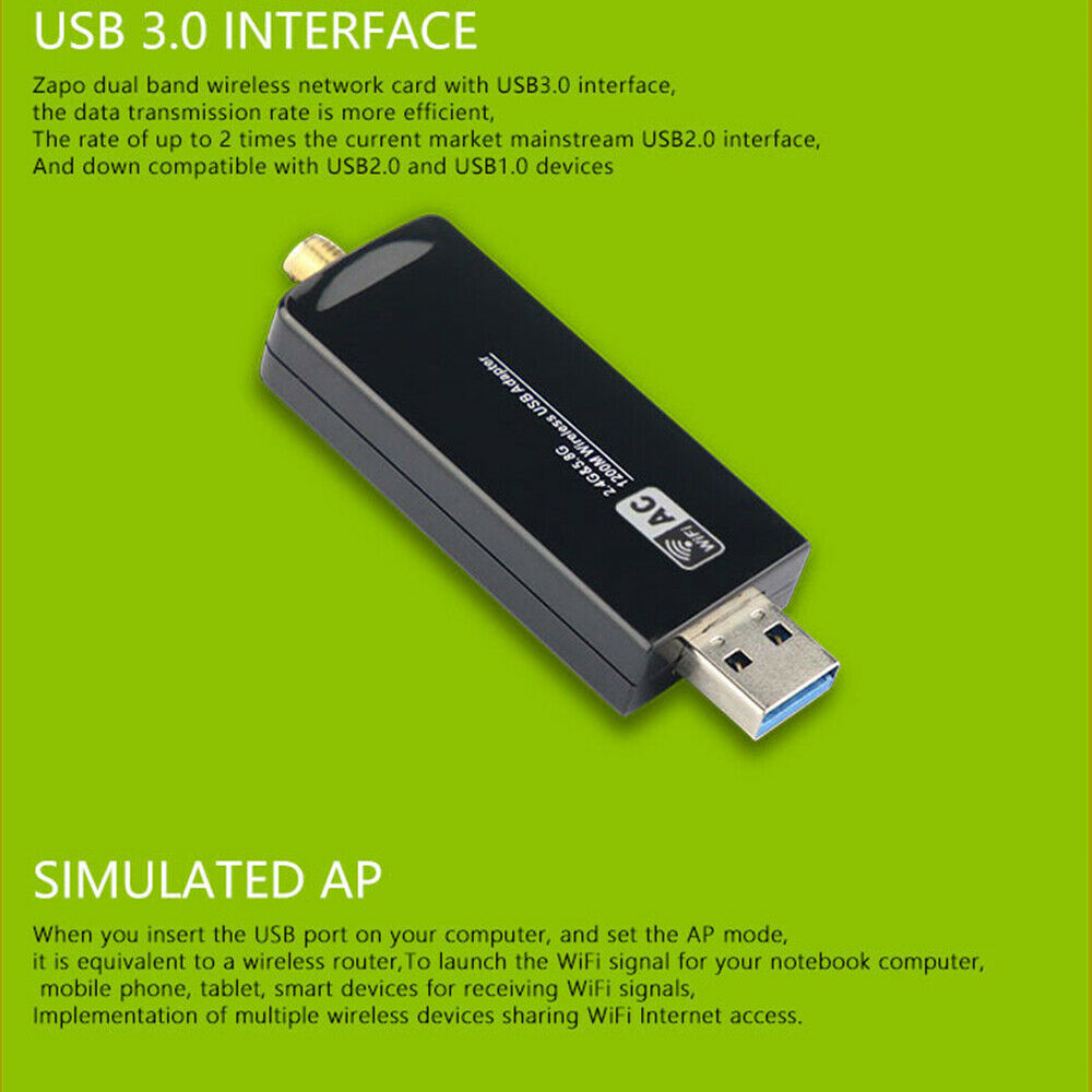 RTL8812AU Chipset 1200Mbps 5GHz Wireless AC WiFi USB Adapter Dongle Antenna
