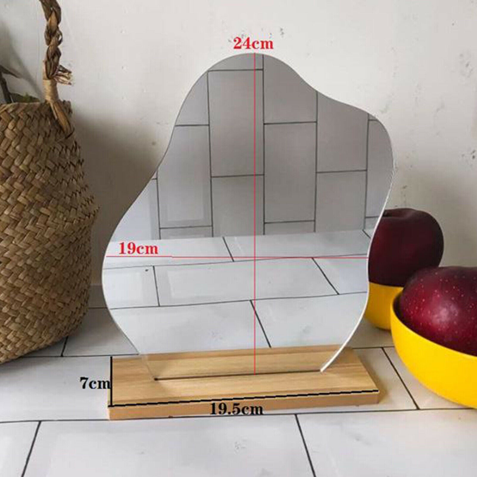 Acrylic Mirrors Irregular Cosmetic Makeup Mirror Wooden Base Decor 24x19cm