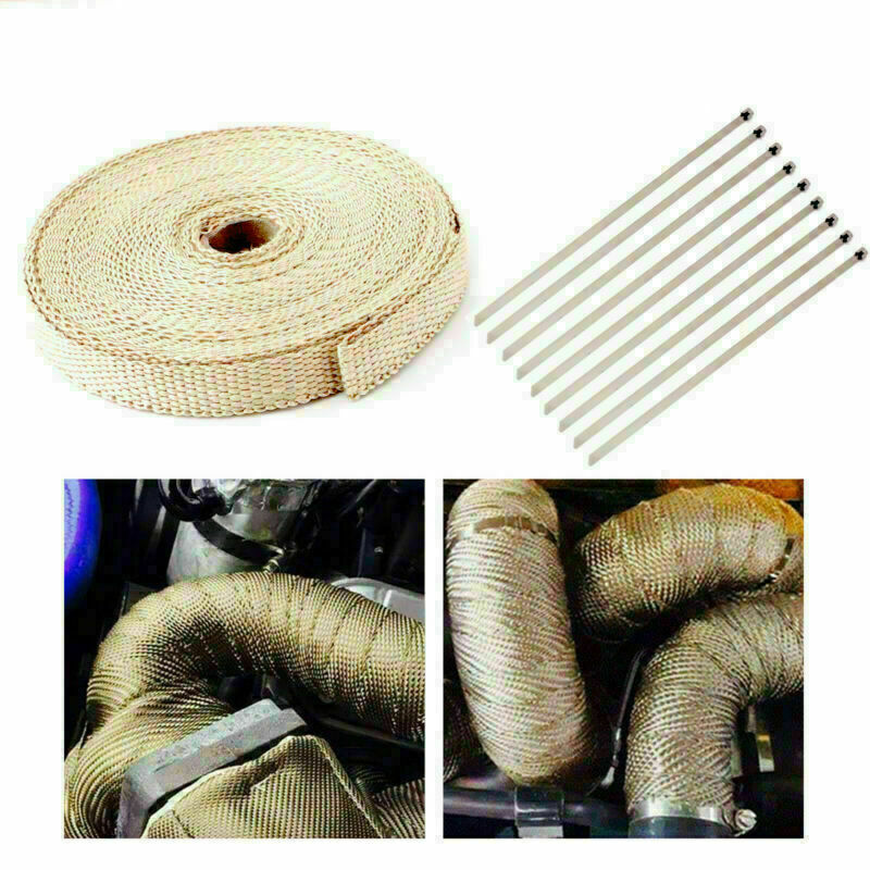 4/5" 50Ft Roll Fiberglass Exhaust Header Pipe Heat Wrap Tape Khaki +10 Ties Kit/