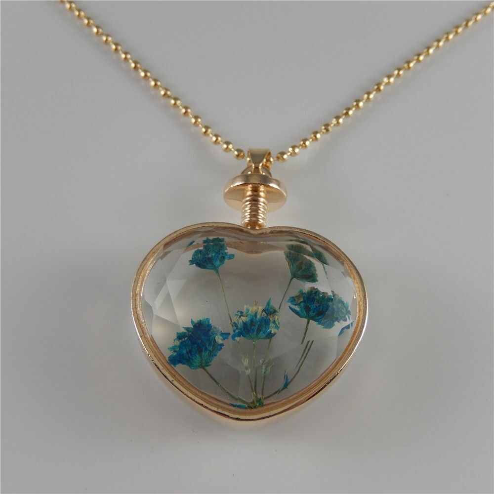 1-pack Clear Glass Heart Floating Dried Flowers Necklace Pendant Jewelry 24 inch