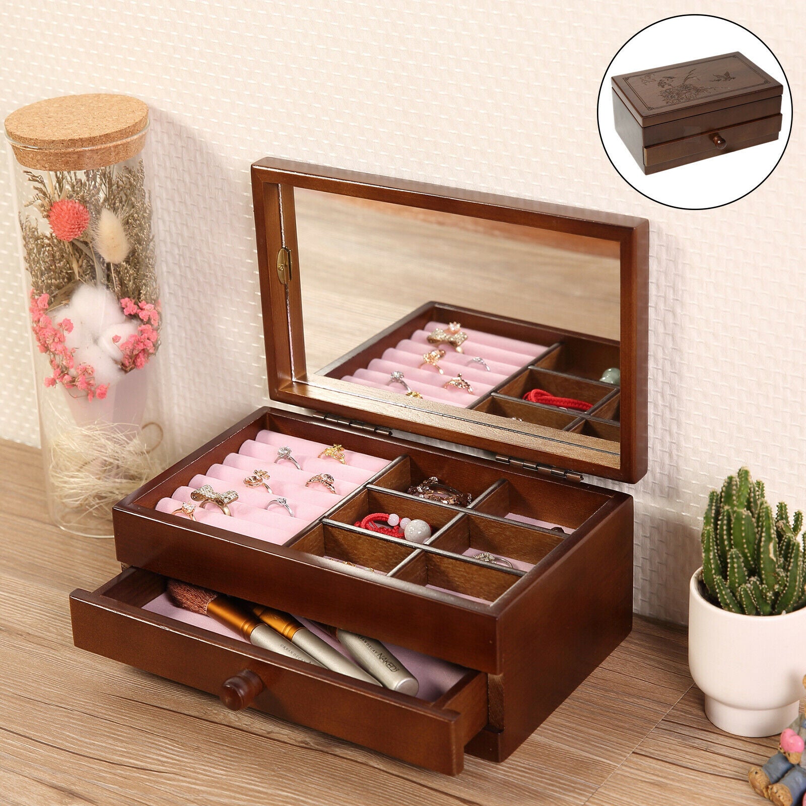 Soft Lining Wooden Jewelry Storage Box for Watches Bracelet Earrings 2 Tier