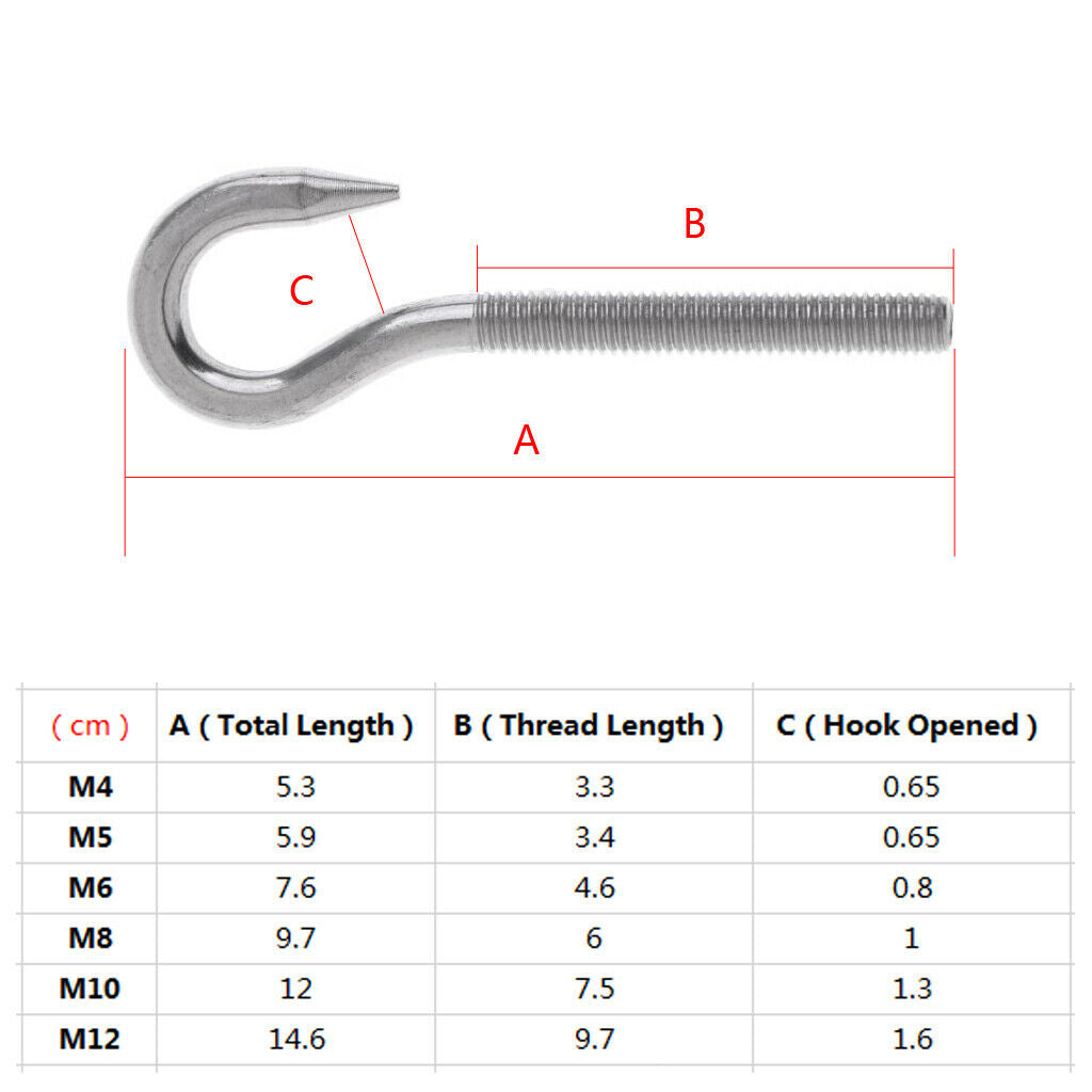 Marine 304 Stainless Steel Hook Bolt Eye Bolt Threaded Bolt Boat Parts M6
