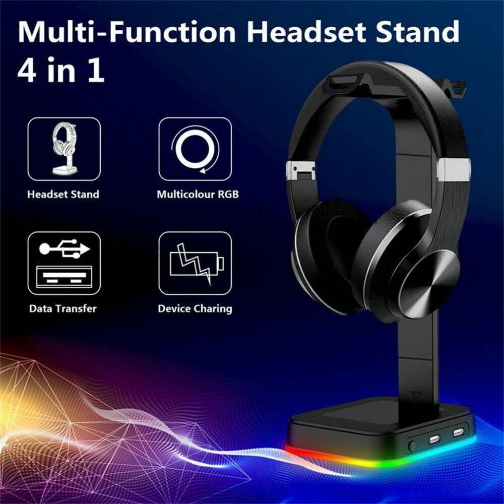 Gaming Headset Stand w/ 2 USB and 3.5mm Ports RGB Headphones Holder Hanger Base