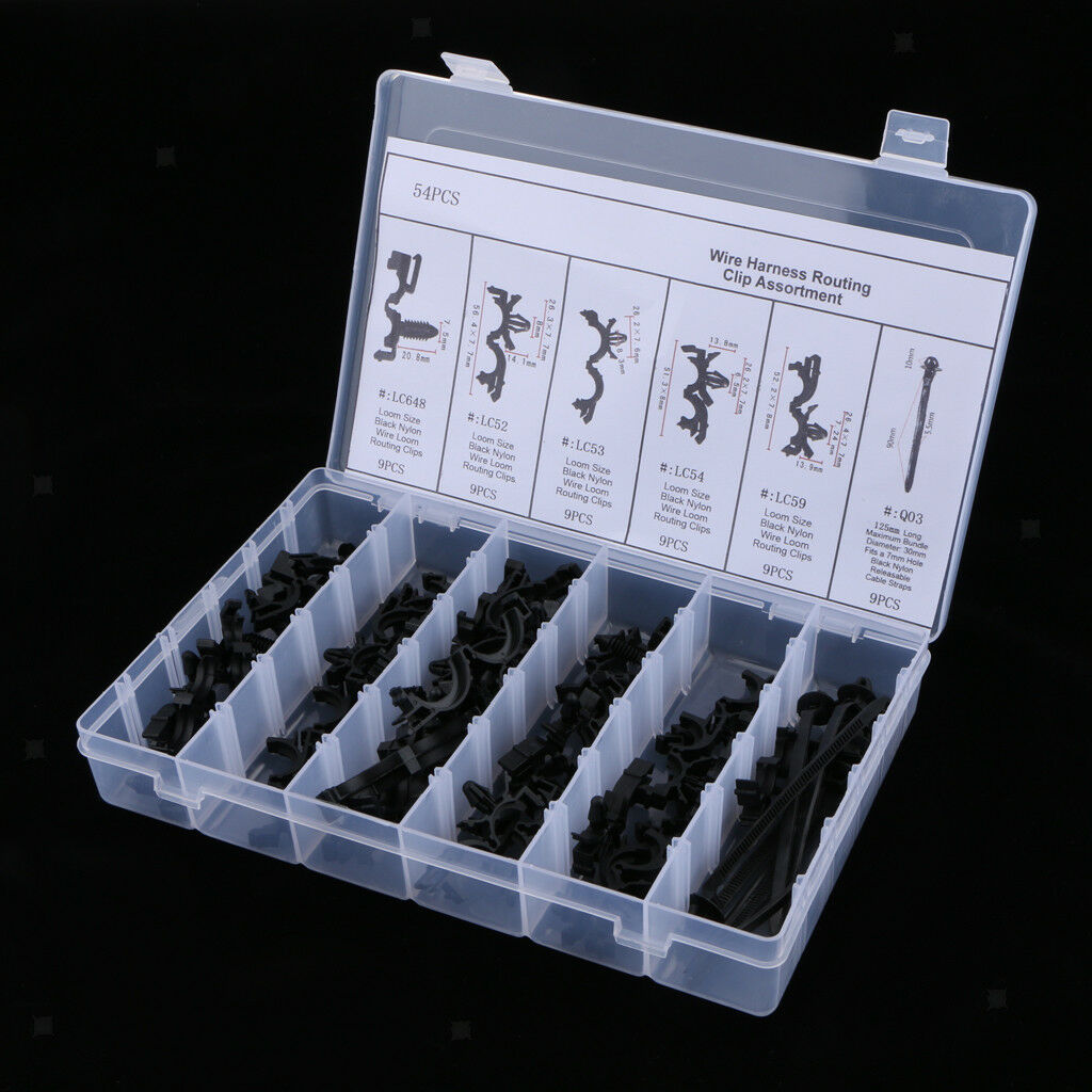 54pcs/Set Automotive Wire Loom Routing Clips 6 Kinds Clamps with Storage Box