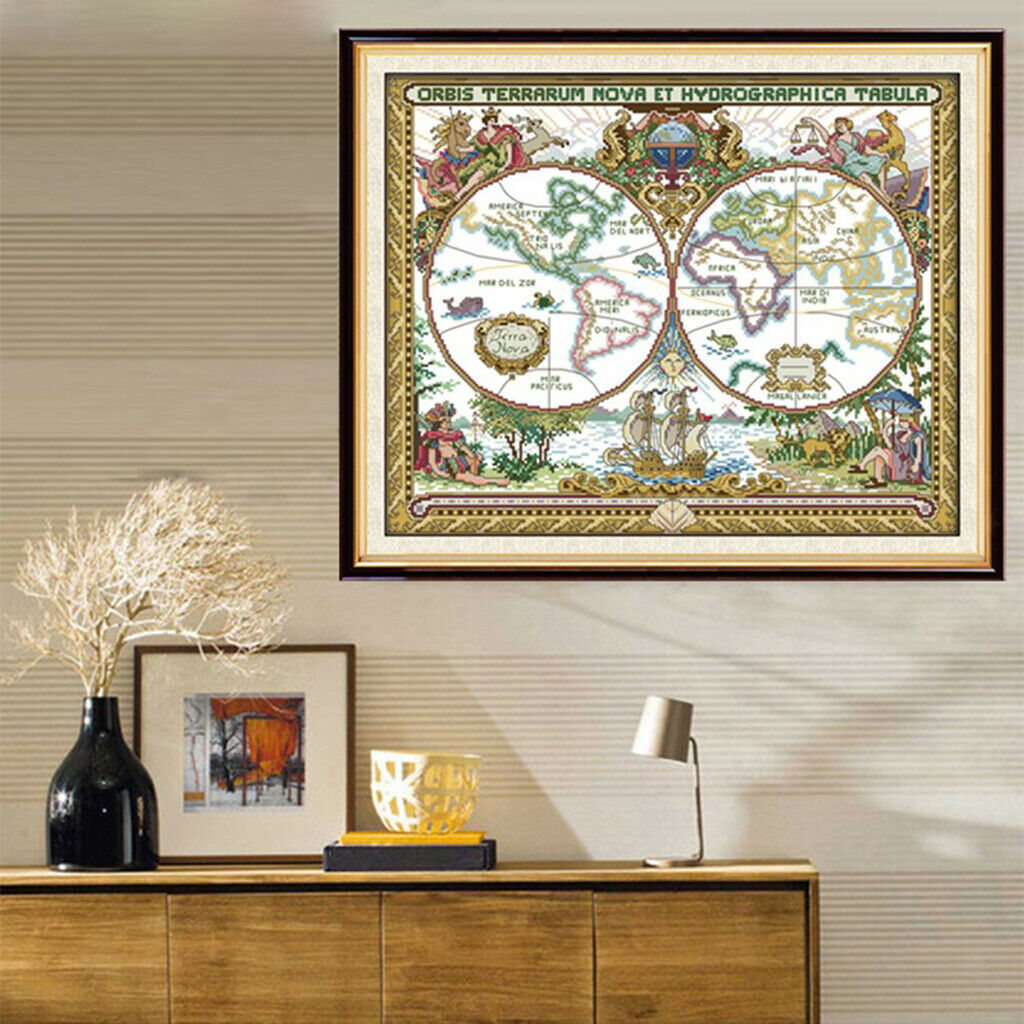 14CT 51x42cm Old World Map Stamped Cross Stitch Kit Needlework for Beginners