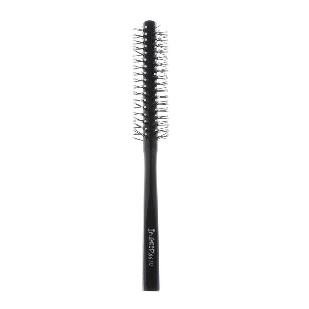 Small Mini Round Hair Brush Nylon Bristles, Black Long Wood Handle Hair