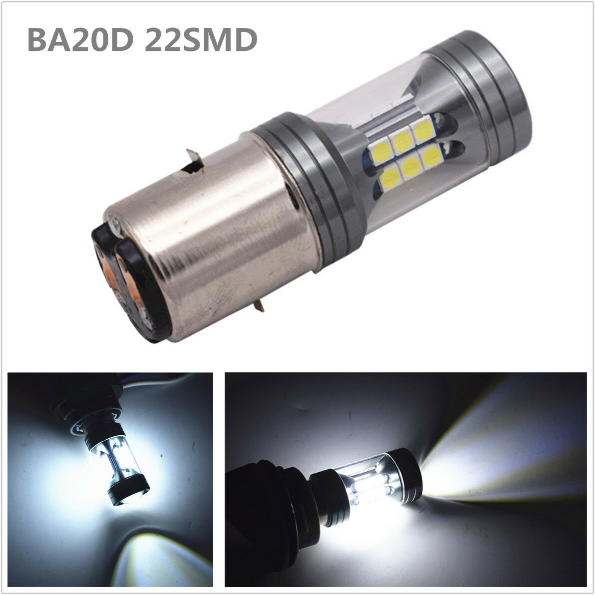 100W 3-Side 22SMD White BA20D Motorcycle Headlight Hi/Lo Beam DRL Driving Light