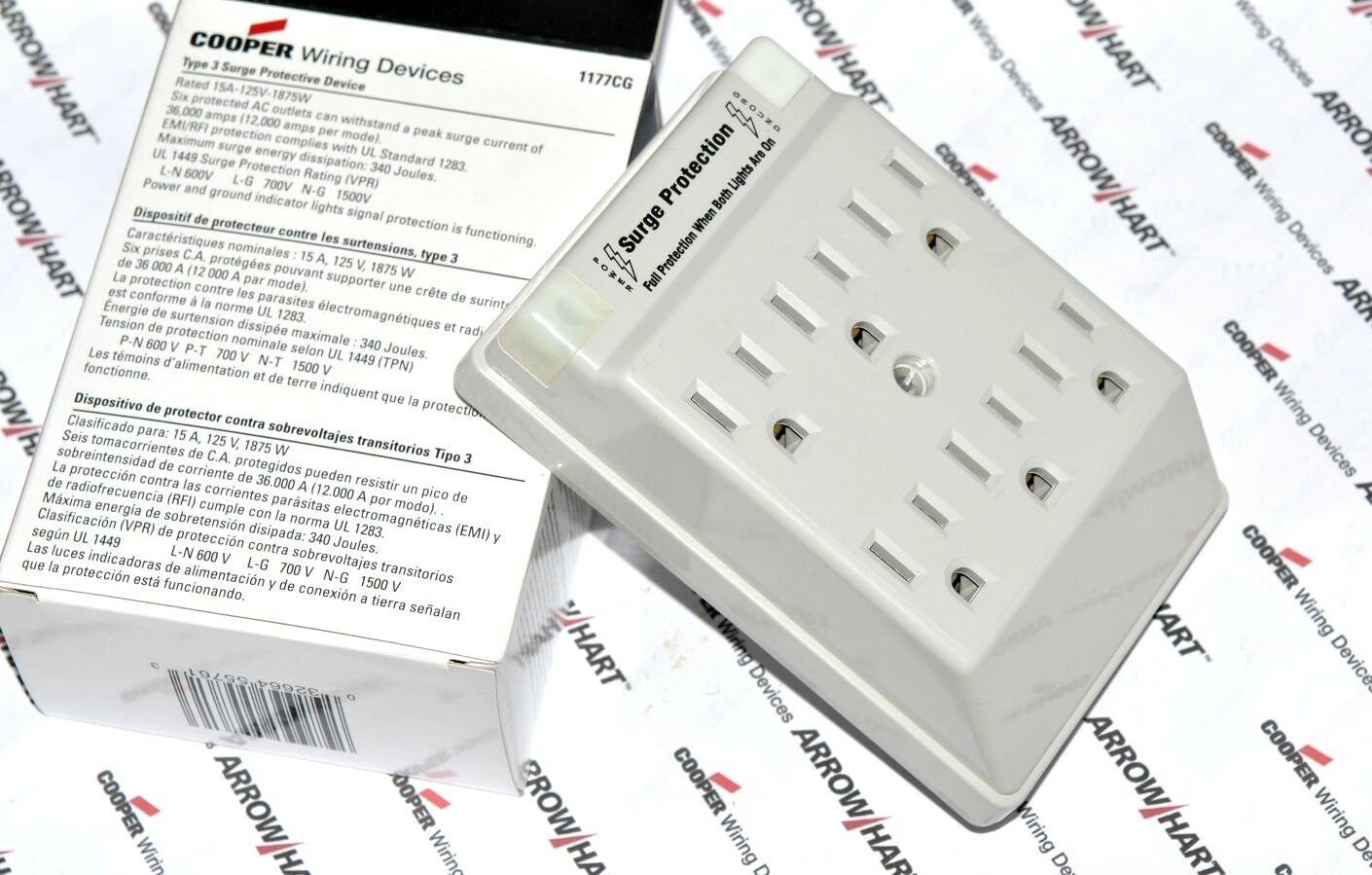1pcs-COOPER 1177CG 15A 125V Six Outlet Surge Adapters Receptacle NEMA 5-15R