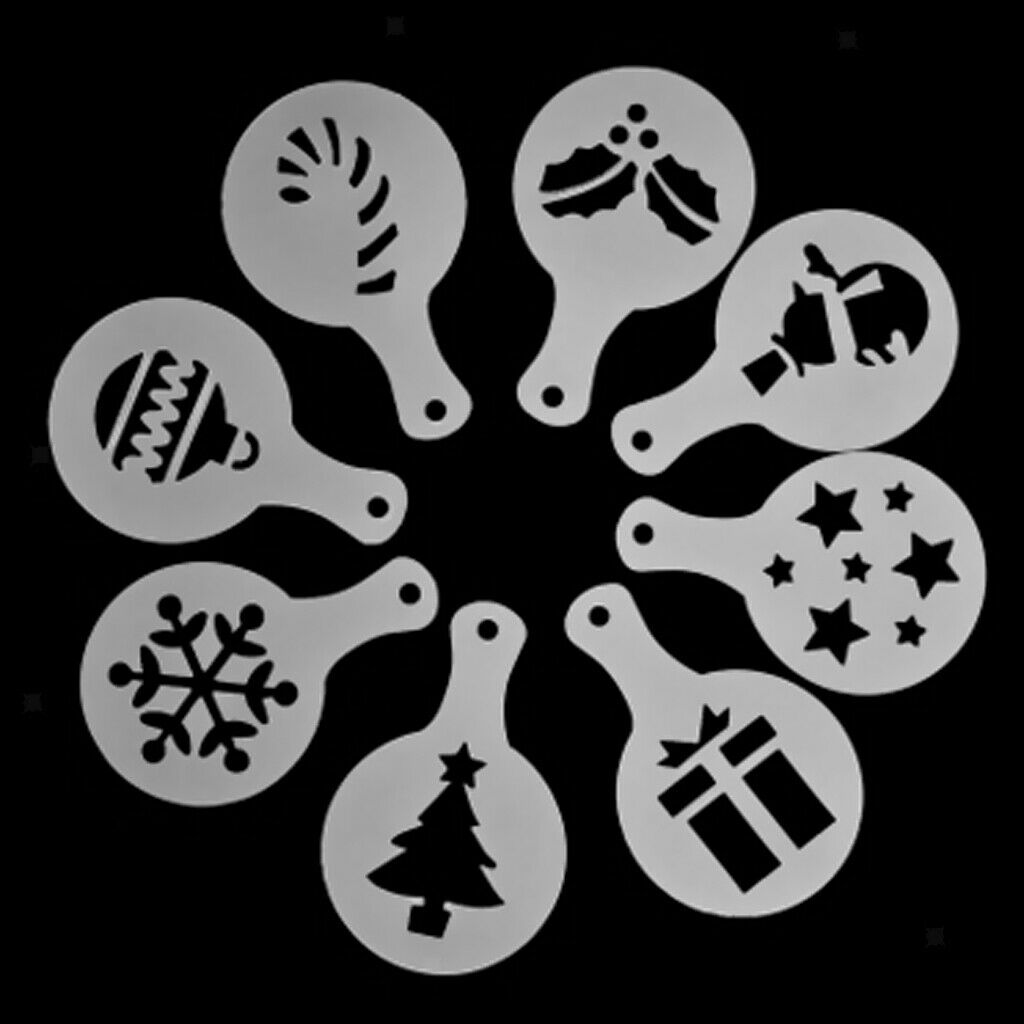 8pcs Coffee Barista Stencils Template Strew Pad Duster Spray Art - Christmas