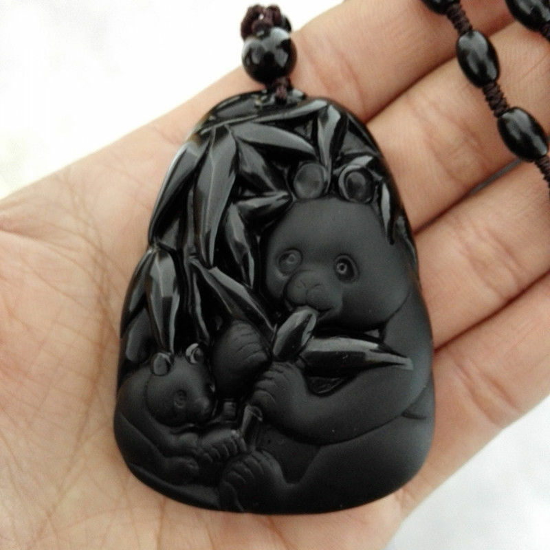 Black Obsidian Bamboo Panda Pendant Necklace Chain energy 100% Ornaments