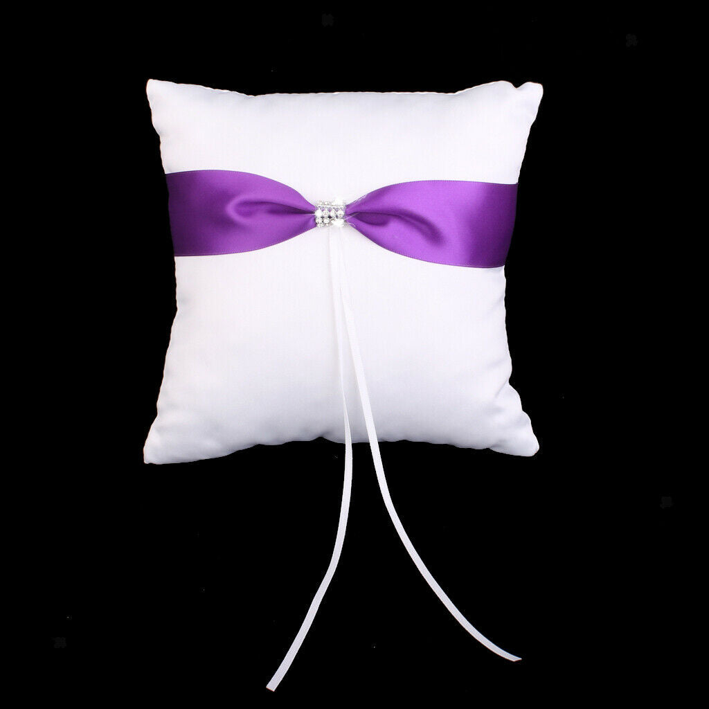 White Satin Wedding   Pillow Bearer Purple Bowknot Diamante Decor-20cm