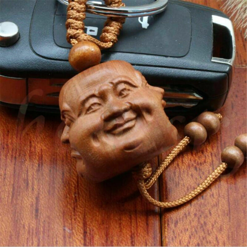 Wood Carving Chinese Feng shui Four Face Happy Buddha Head Statue Key Chain Ring