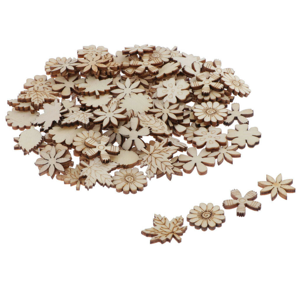 100 Pieces Rustic Wooden Flowers Leaves Scrapbooking Embellishments Blank