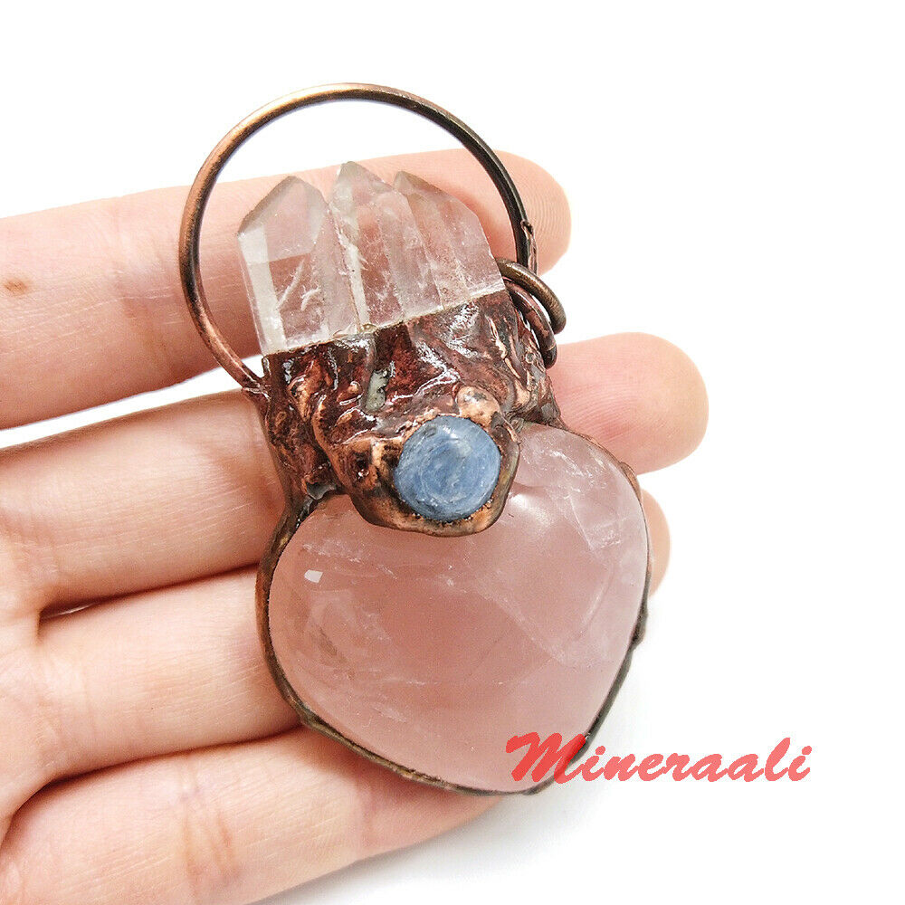 Natural Rose Quartz Crystal Heart Carved Pendant Clear Quartz Point Healing
