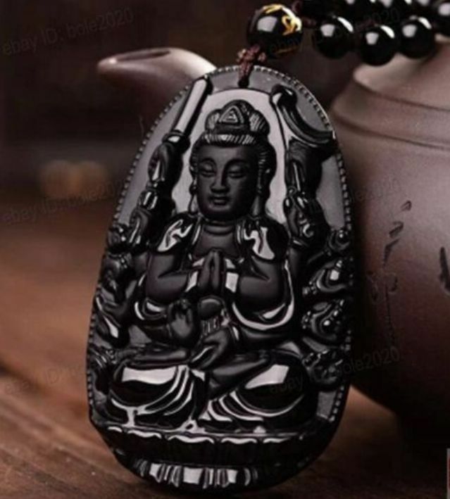 Natural Black Obsidian der geschnitzte GuanYin Buddha GlÃ¼cksanhÃ¤nger-Halskette