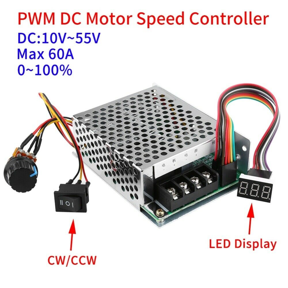 DC10V-55V 12V 24V 48V 60A PWM DC Motor Speed Controller CW CCW Reversible Switch