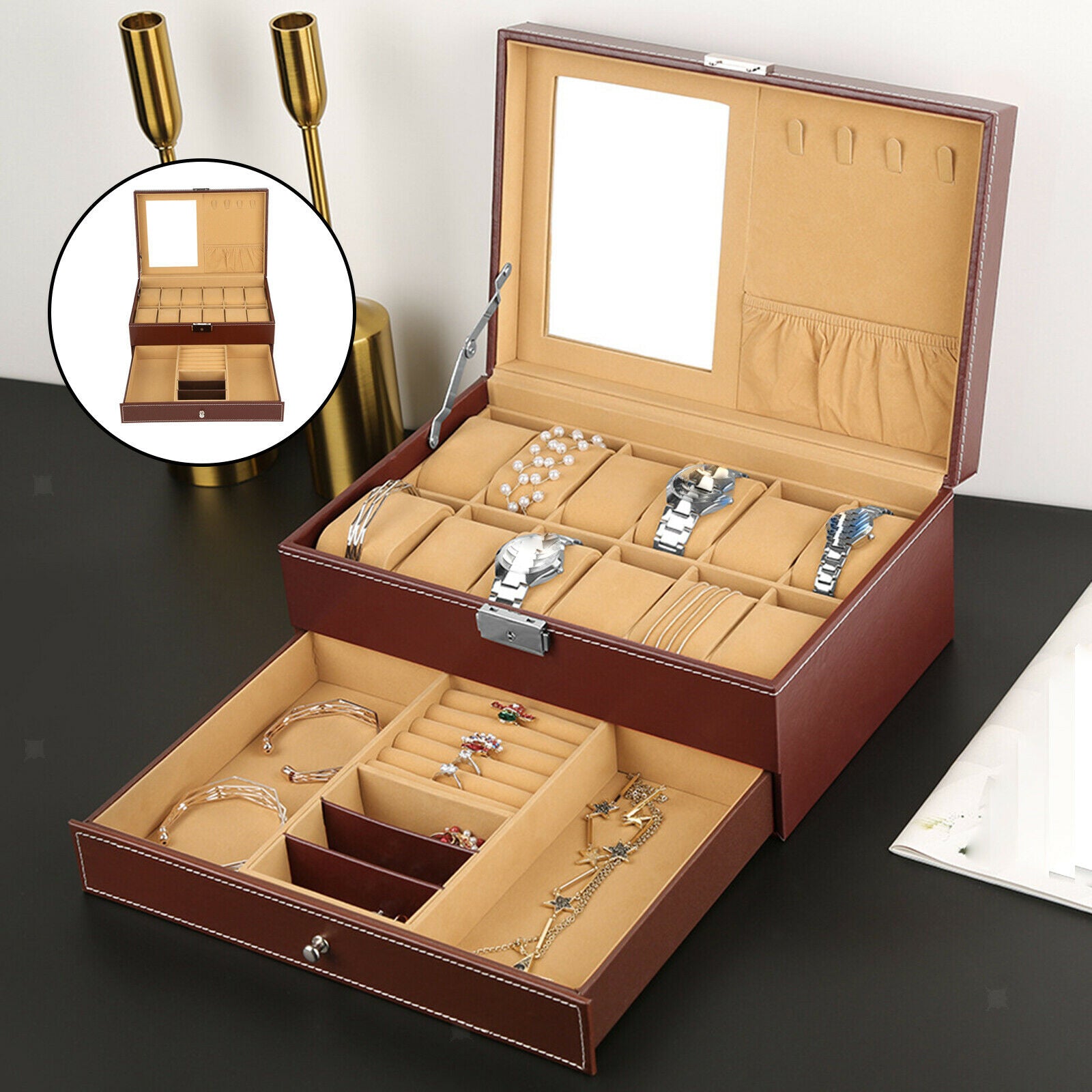 Jewelry Storage Box Double Layer PU Leather Storage Case for Watches Actors