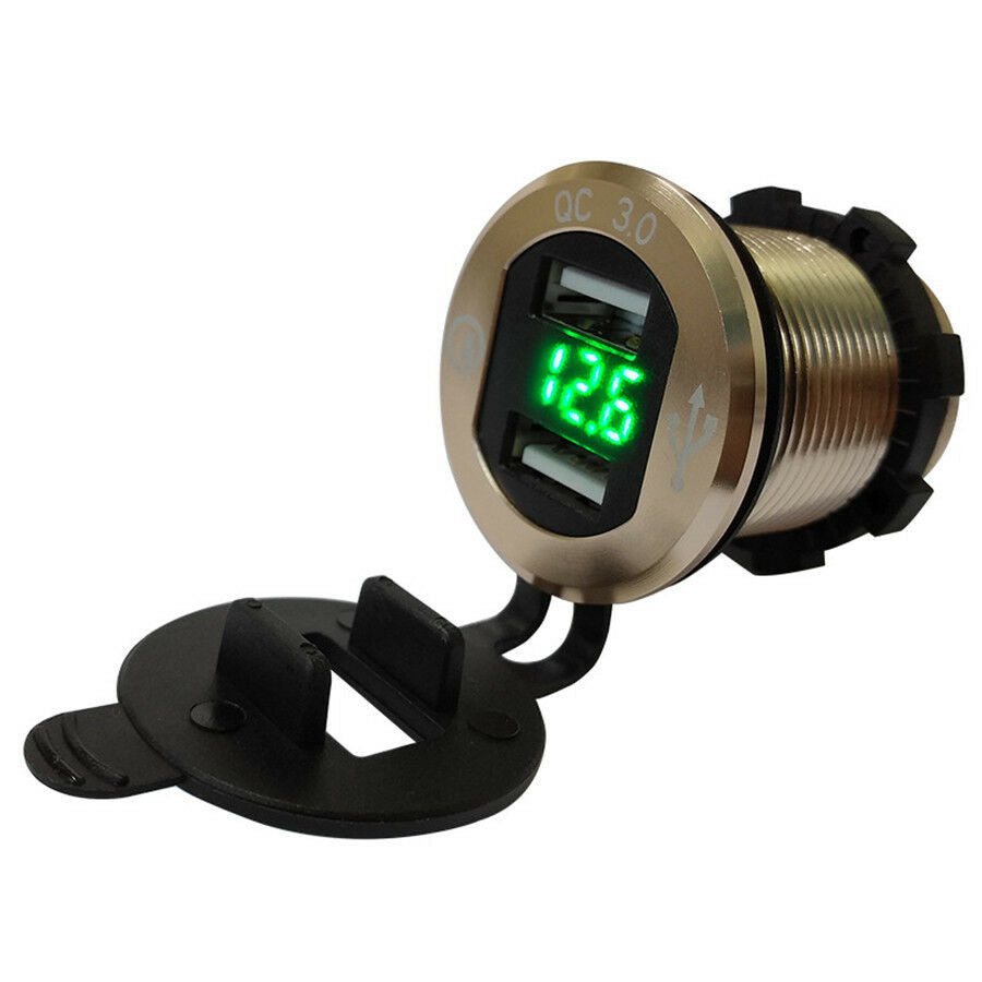 1x Aluminum Motorcycle 2 USB Charger With Blue LED Digital Display of Voltage