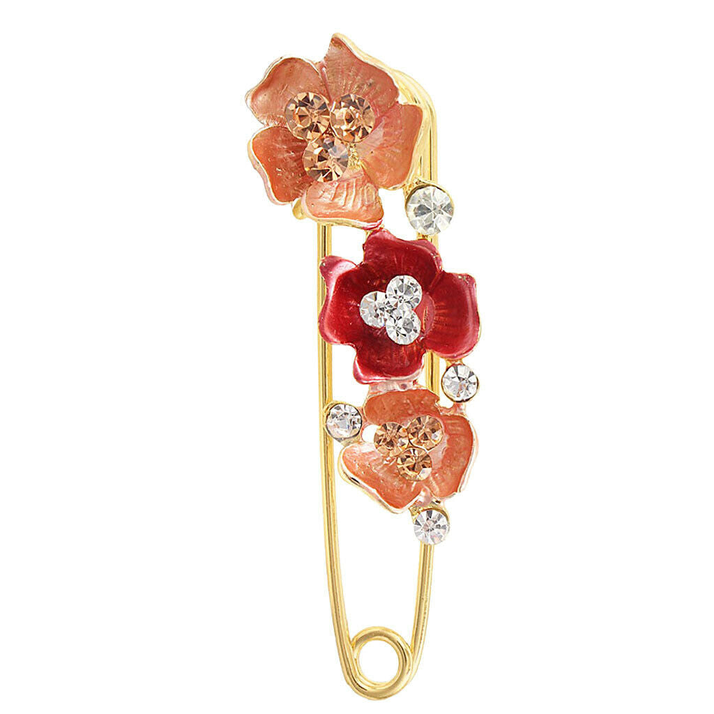 Women's Crystal Rhinestone Camellia Flower Brooch Pin Golden Tone Red