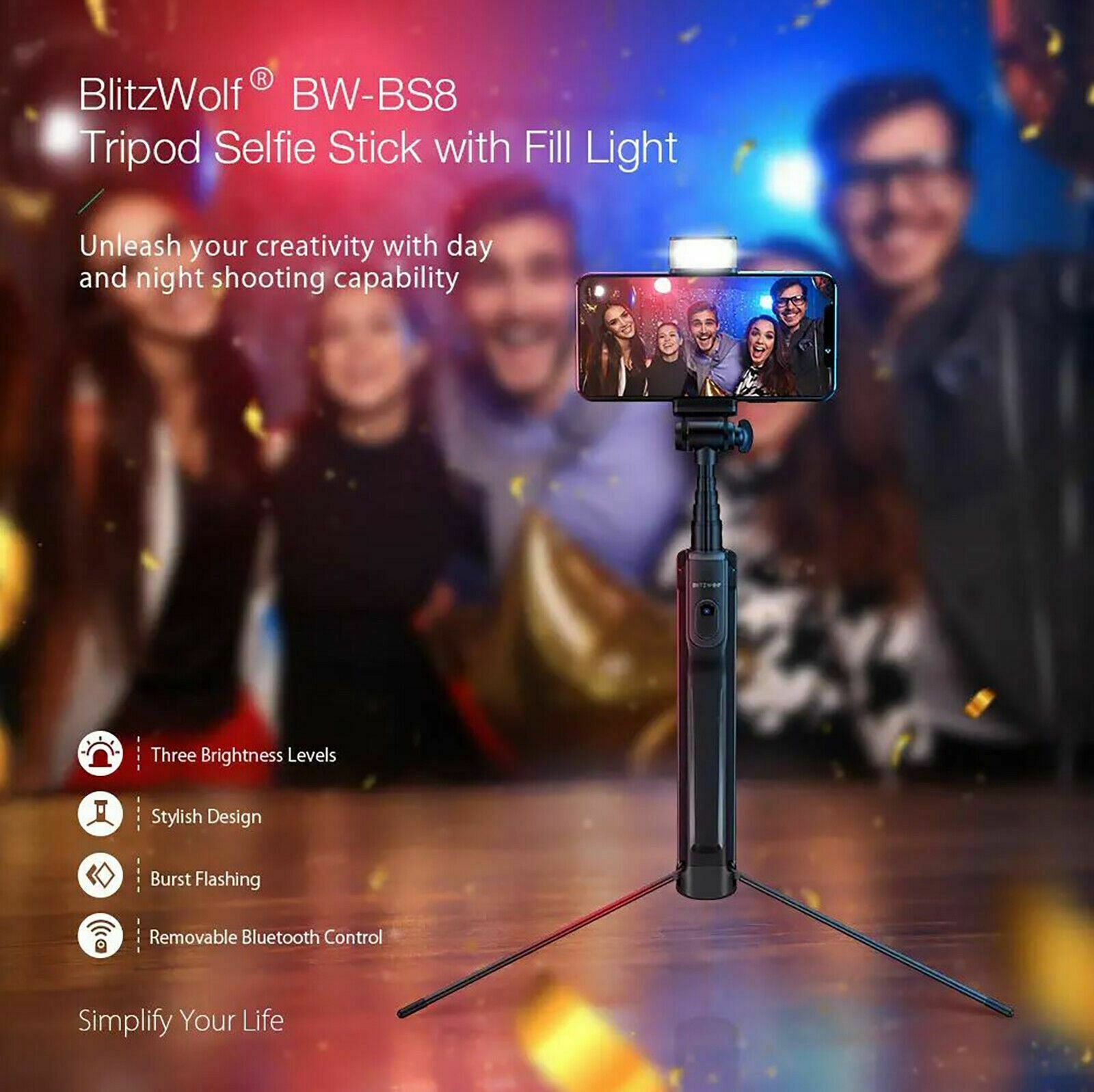 Blitzwolf BW-BS8 Wireless Bluetooth Tripod Selfie Stick + LED Flash Fill Light