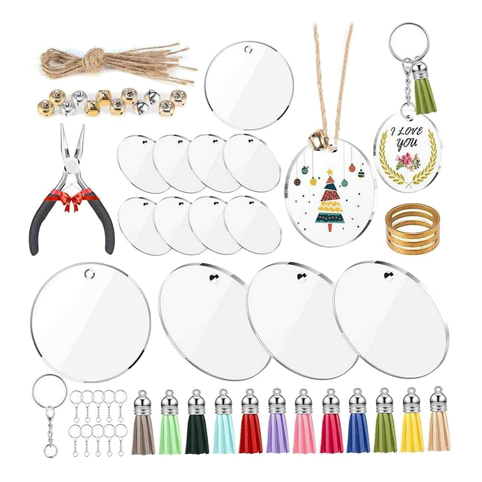 74Pc Acrylic Transparent Circle Blanks Keychain Tassels Set Including Acrylic