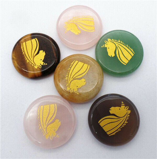6Pcs 25x6mm Natural Multicolor Mixed Stone Unicorn Symbol Reiki Stone Set HH7703