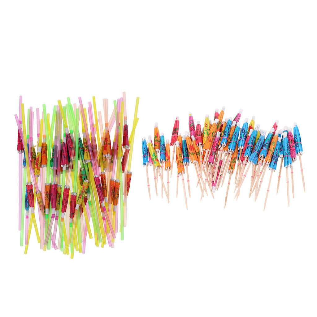 100x Tropical Cocktail Party Picks Umbrellas Parasols Picks Hawaiian Party
