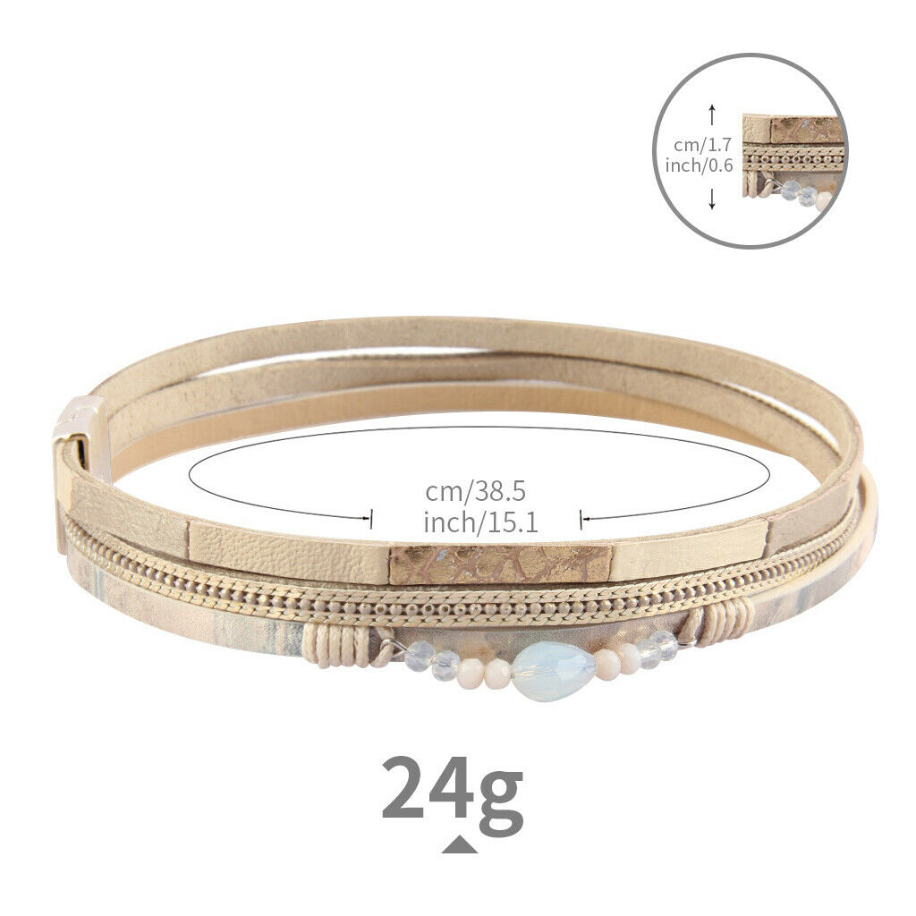 Boho Multi-layer PU Leather Bracelet Bangle Cuff with Rhinestone Light Brown