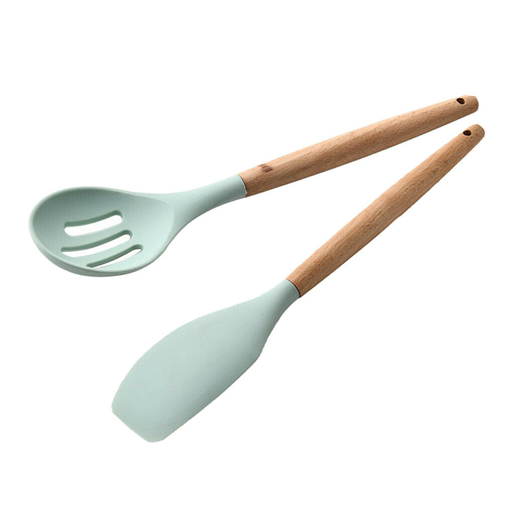 2x Non Stick Spatula Spoon / Wooden Handle Durable Food Tong Set for Baking