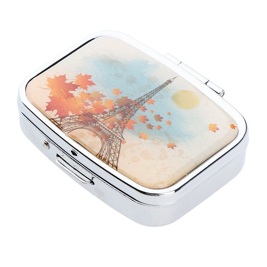 Square Stainless Steel Compact 2 Compartment Medicine Case, Pill Box for Pocket