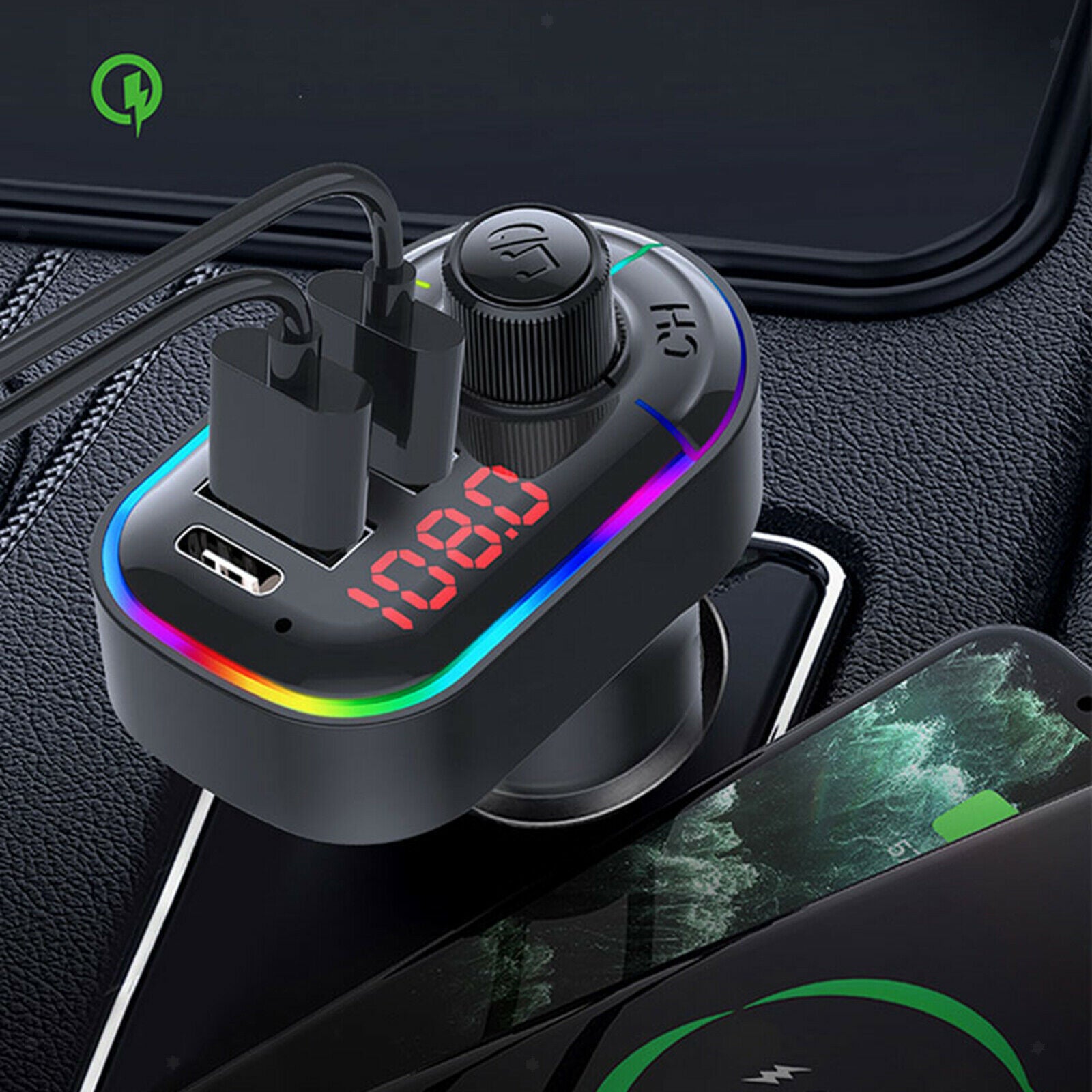 Bluetooth Fast Car Charger FM Transmitter 7 Color LED Light Dual USB Port