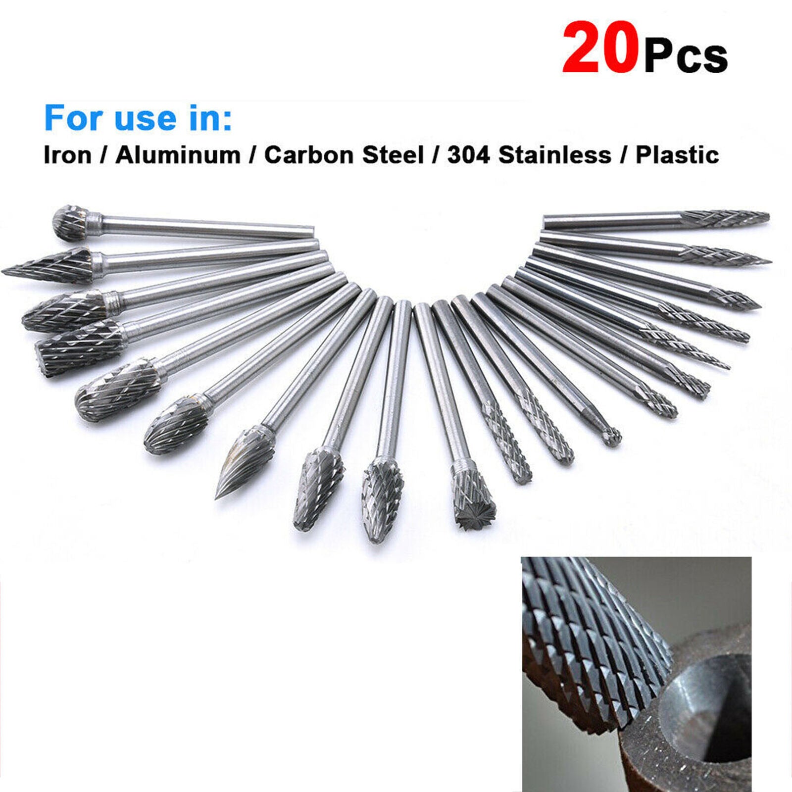 20pcs Tungsten Carbide Rotary Point Burr Die Grinder Shank Set Single Cut Solid